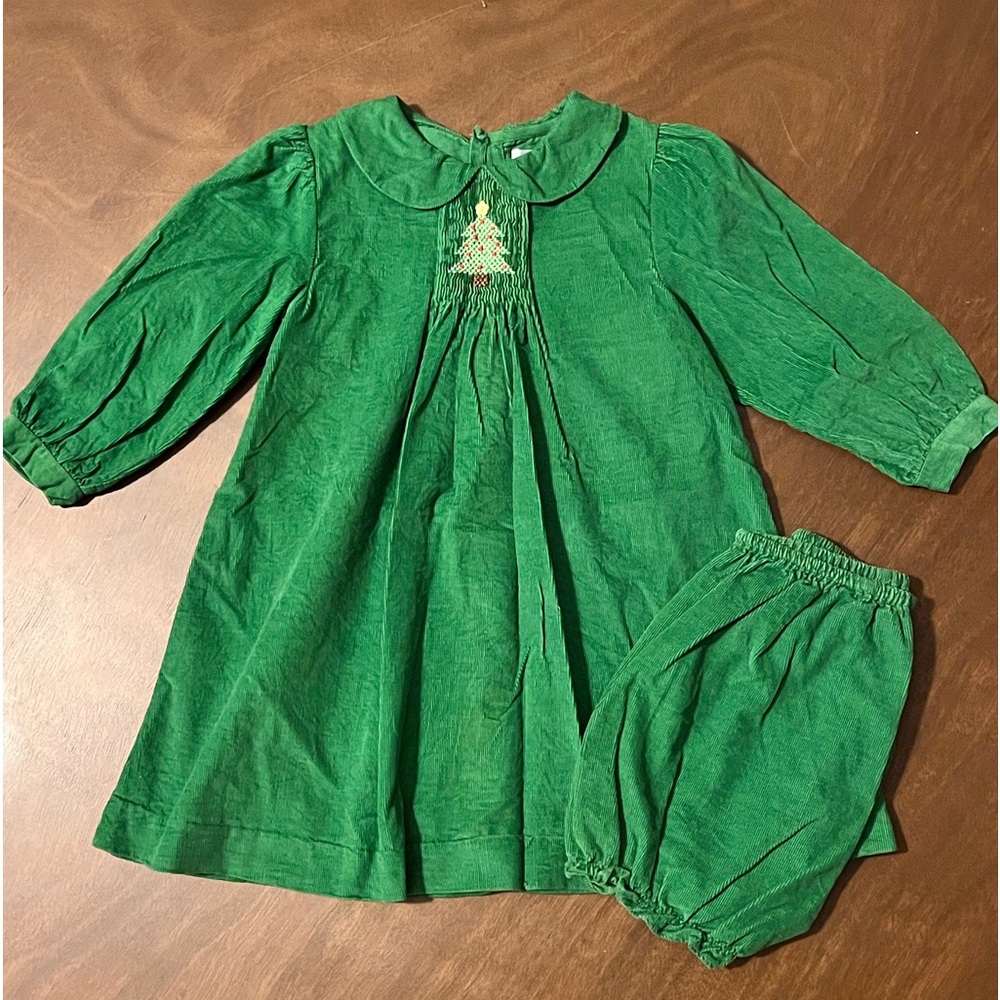 Smocked corduroy Christmas tree dress with matching bloomers